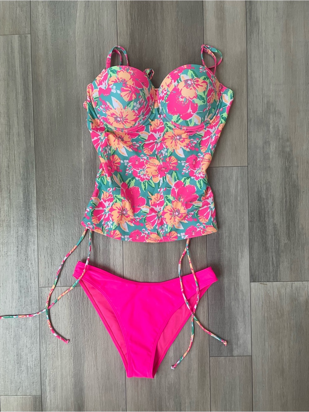 Fashion Nova Floral Tankini Top with Hot Pink Bikini Bottoms